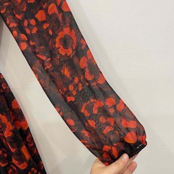 Mimi Chica Long Sheer Sleeve Floral Tie Waist Mini Dress Fit & Flare Red Black - Picture 4 of 5